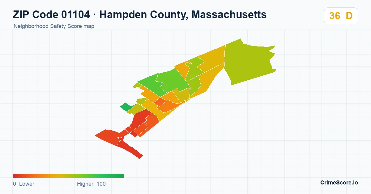 ZIP Code 01104 in Hampden County, Massachusetts neighborhood Safety Score map
