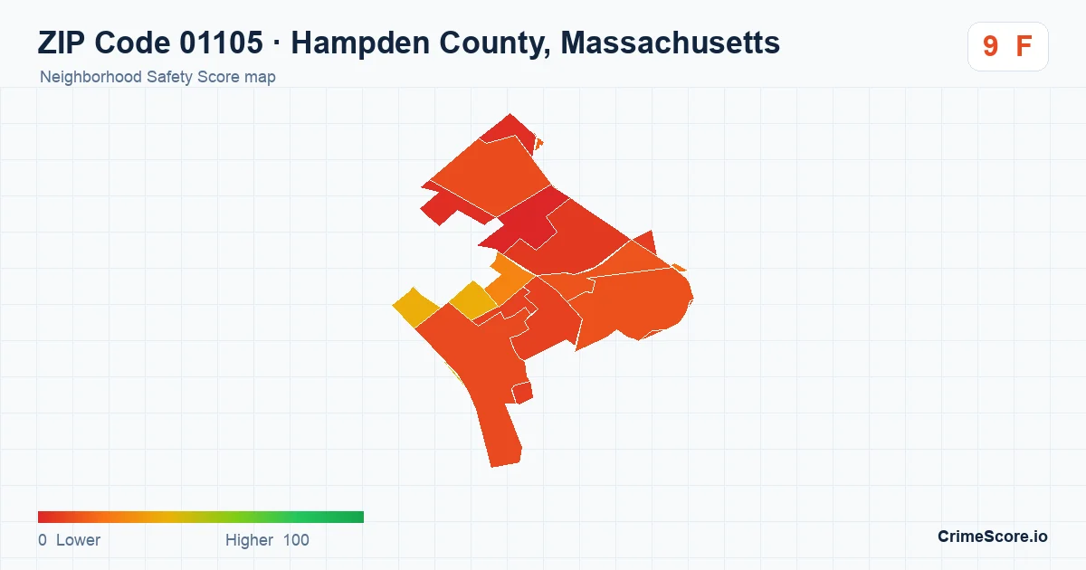 ZIP Code 01105 in Hampden County, Massachusetts neighborhood Safety Score map