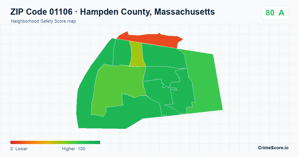 ZIP Code 01106 in Hampden County, Massachusetts neighborhood Safety Score map