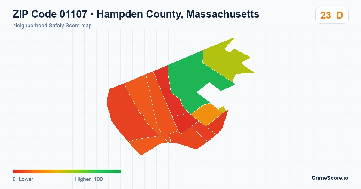 ZIP Code 01107 in Hampden County, Massachusetts neighborhood Safety Score map