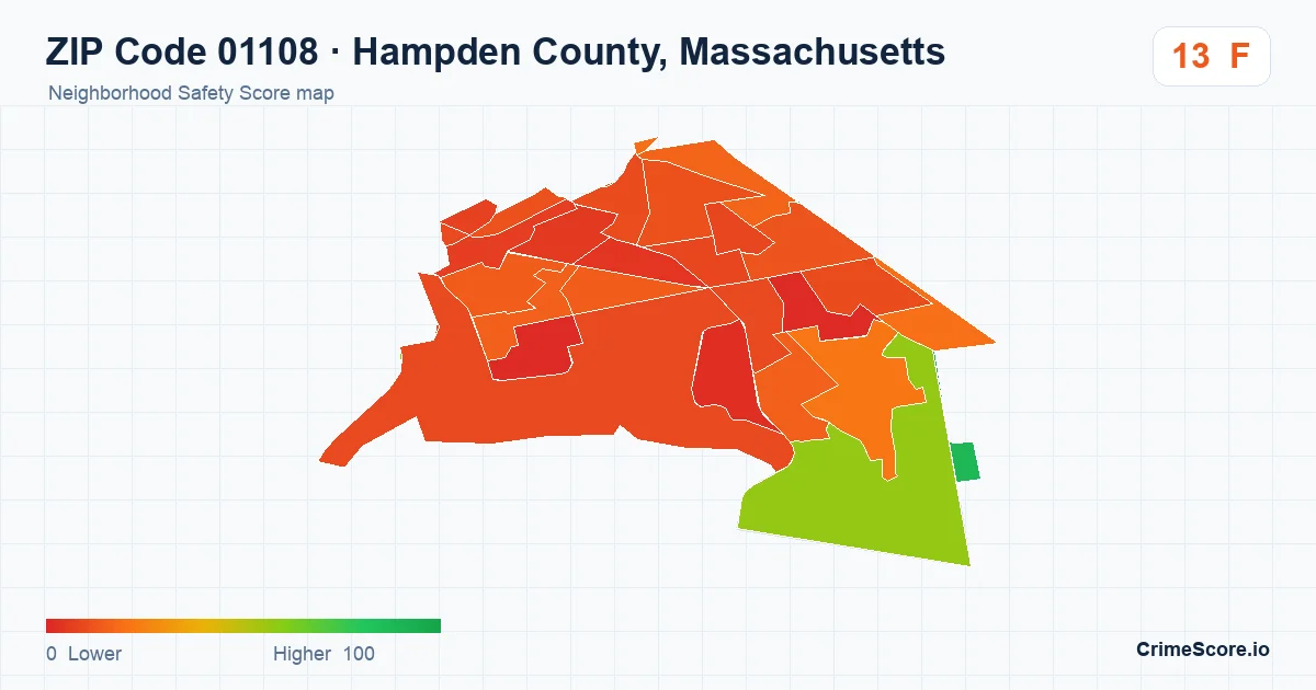 ZIP Code 01108 in Hampden County, Massachusetts neighborhood Safety Score map