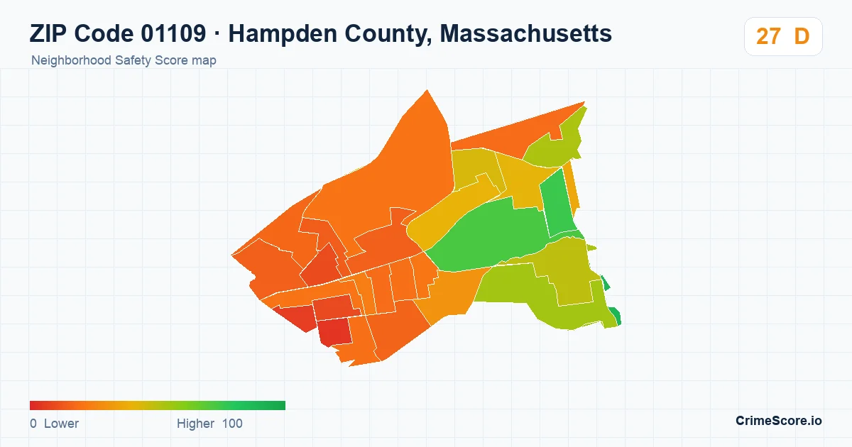 ZIP Code 01109 in Hampden County, Massachusetts neighborhood Safety Score map