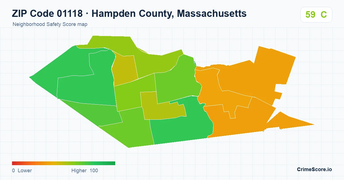 ZIP Code 01118 in Hampden County, Massachusetts neighborhood Safety Score map
