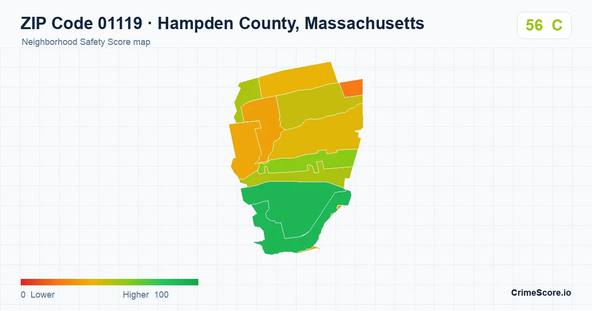 ZIP Code 01119 in Hampden County, Massachusetts neighborhood Safety Score map