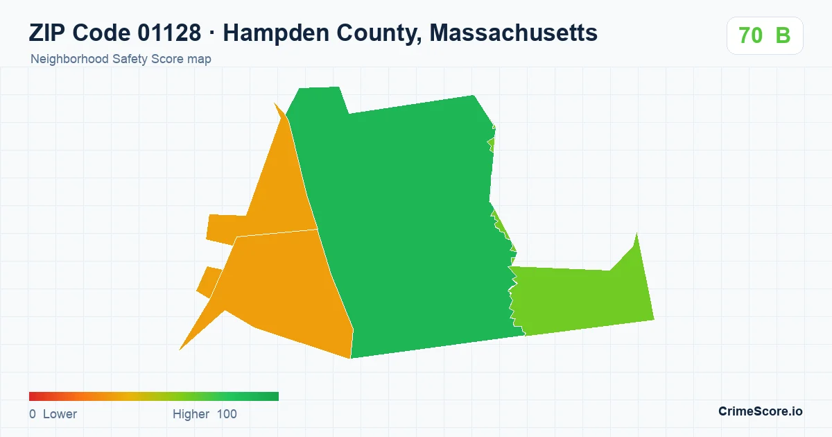 ZIP Code 01128 in Hampden County, Massachusetts neighborhood Safety Score map