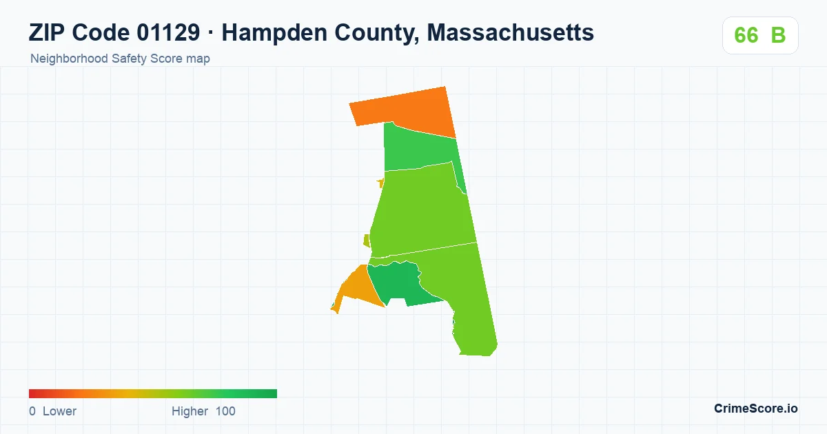 ZIP Code 01129 in Hampden County, Massachusetts neighborhood Safety Score map