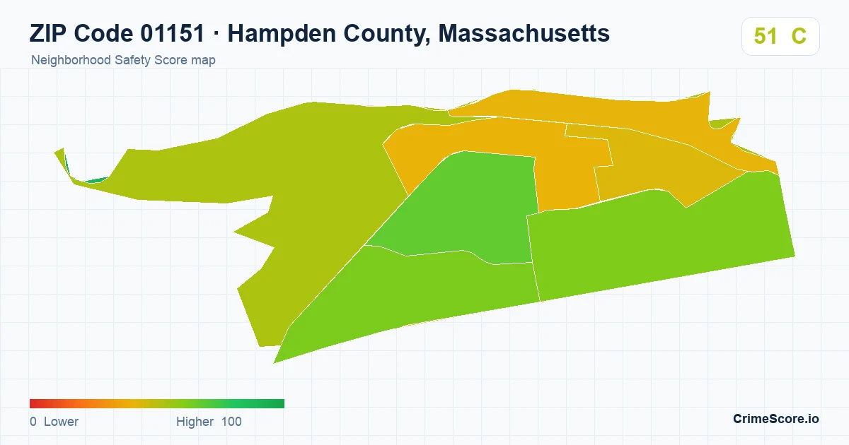 ZIP Code 01151 in Hampden County, Massachusetts neighborhood Safety Score map