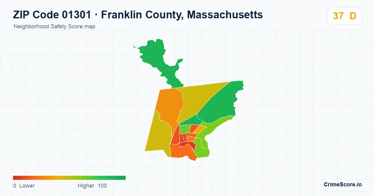 ZIP Code 01301 in Franklin County, Massachusetts neighborhood Safety Score map