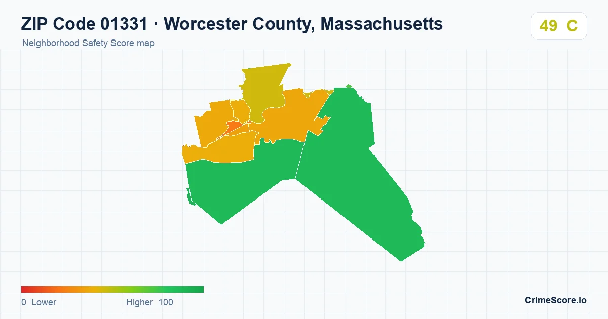 ZIP Code 01331 in Worcester County, Massachusetts neighborhood Safety Score map