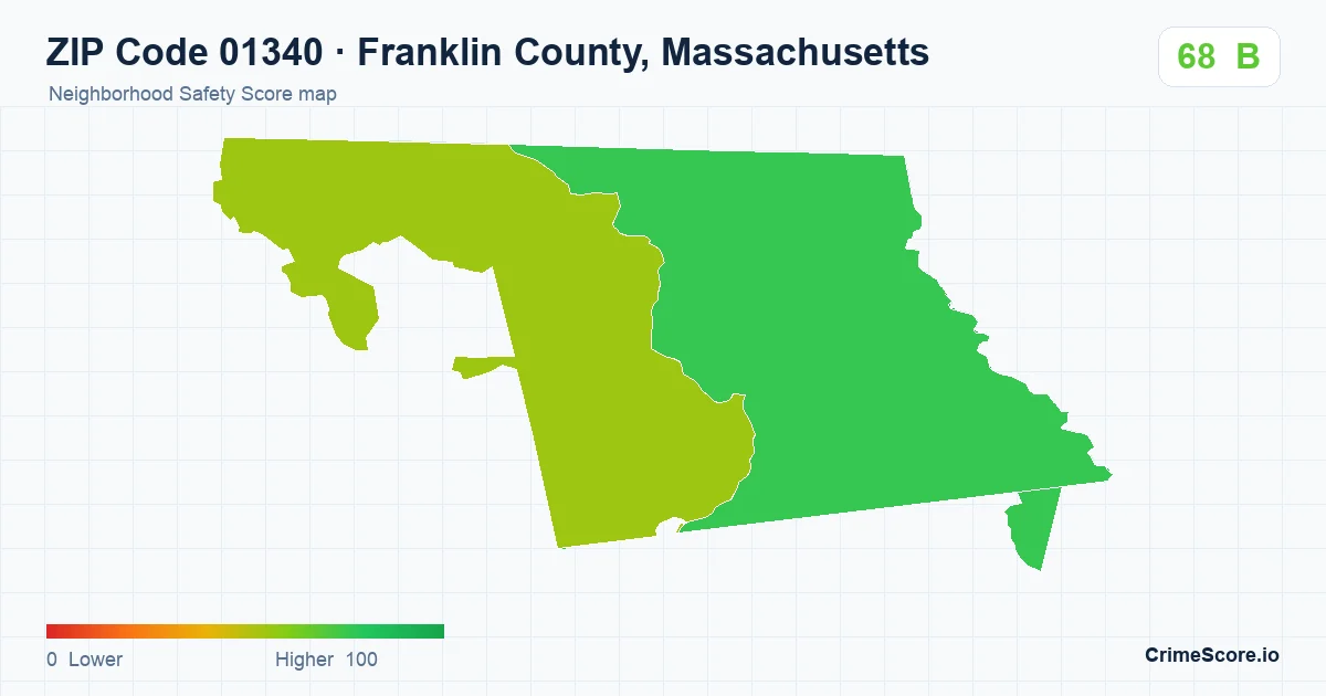 ZIP Code 01340 in Franklin County, Massachusetts neighborhood Safety Score map