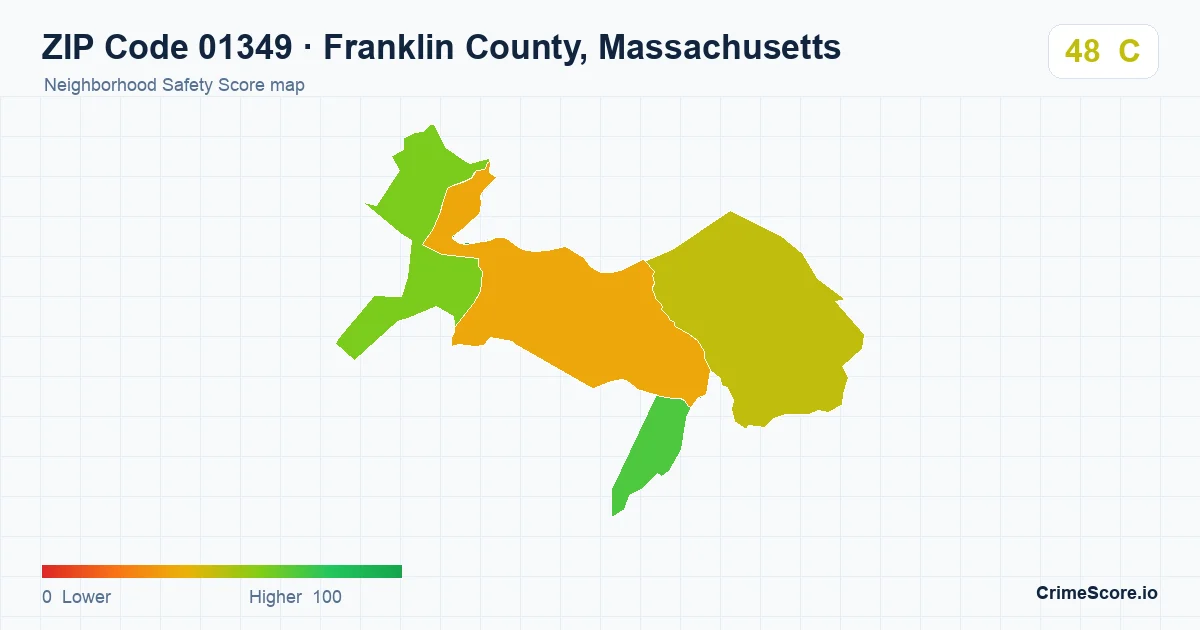 ZIP Code 01349 in Franklin County, Massachusetts neighborhood Safety Score map