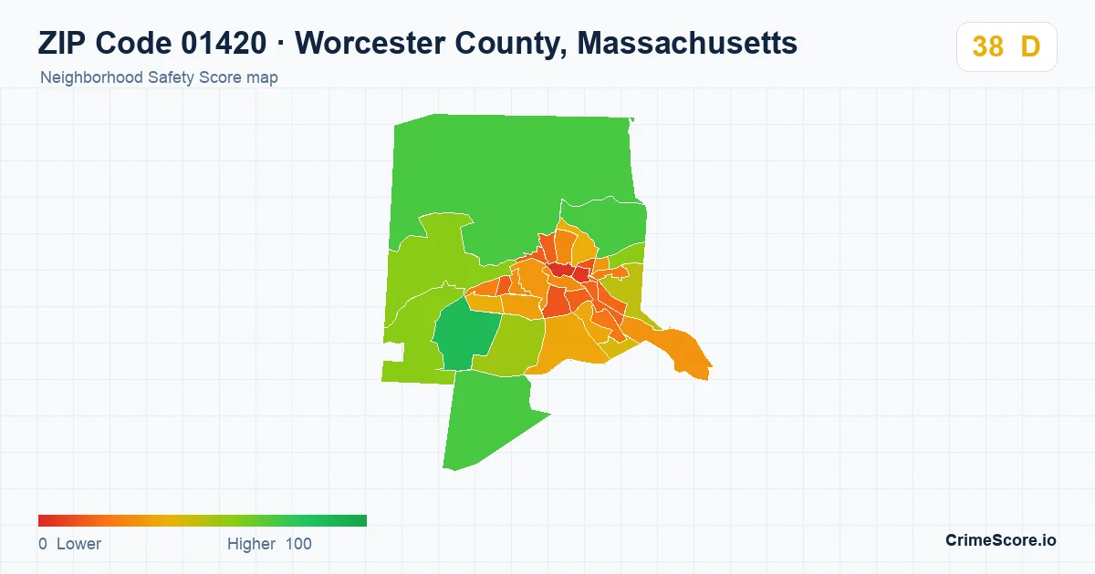 ZIP Code 01420 in Worcester County, Massachusetts neighborhood Safety Score map