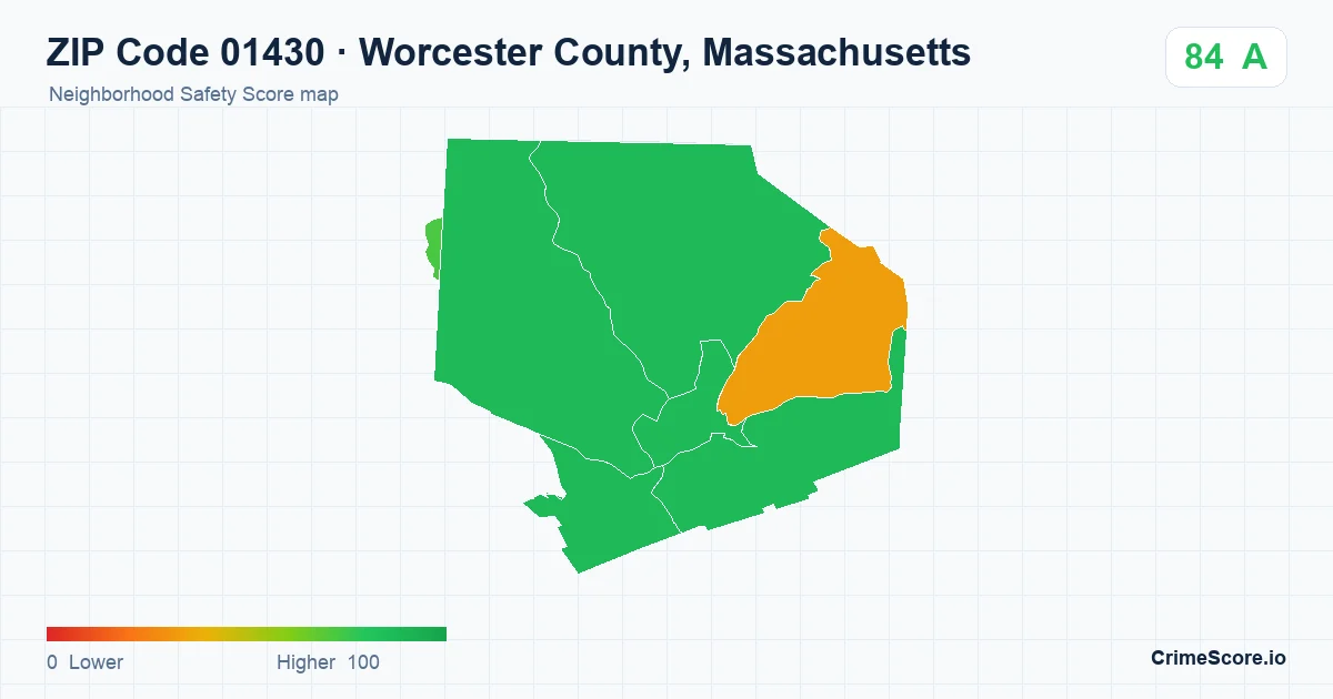 ZIP Code 01430 in Worcester County, Massachusetts neighborhood Safety Score map