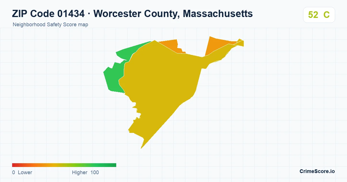 ZIP Code 01434 in Worcester County, Massachusetts neighborhood Safety Score map