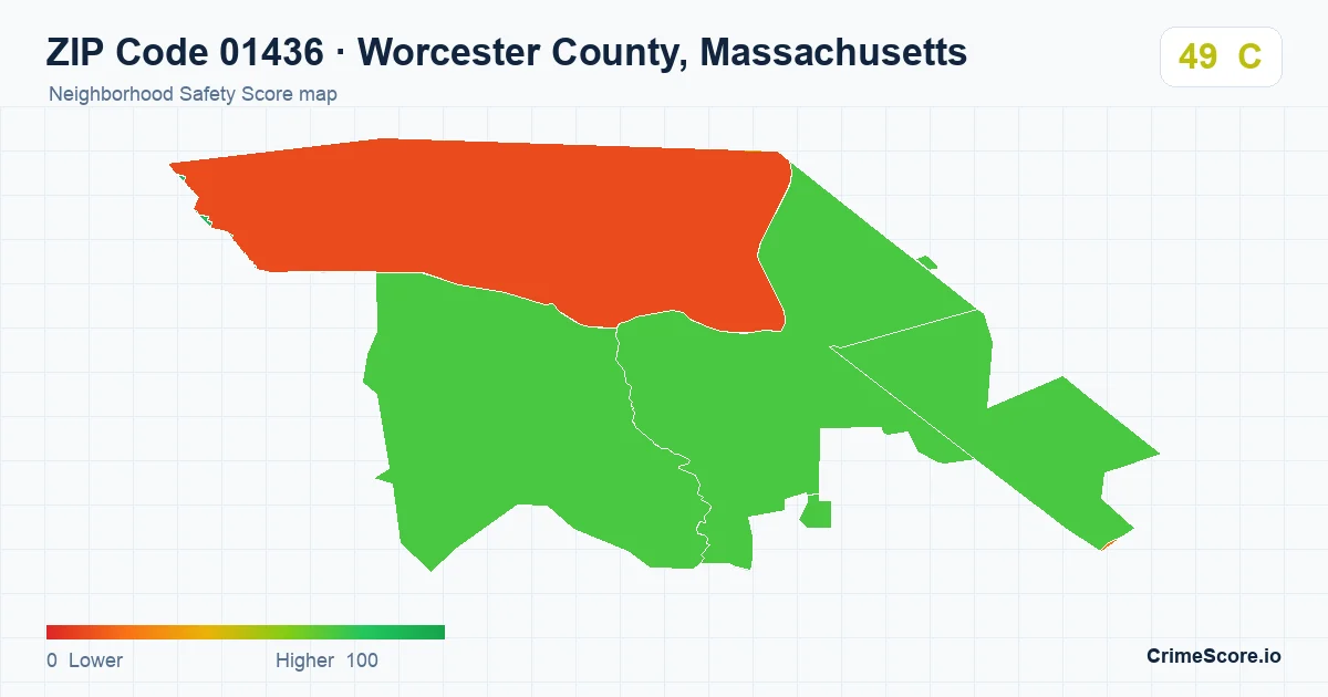 ZIP Code 01436 in Worcester County, Massachusetts neighborhood Safety Score map