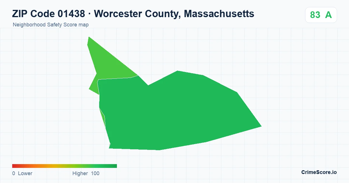 ZIP Code 01438 in Worcester County, Massachusetts neighborhood Safety Score map