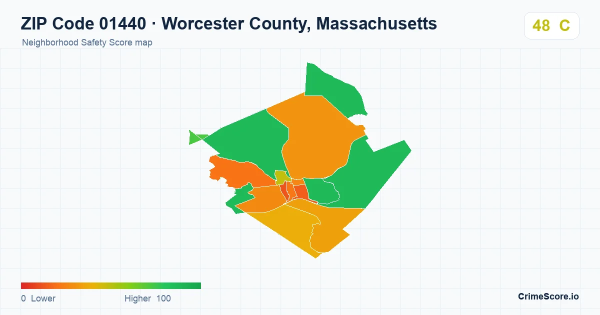 ZIP Code 01440 in Worcester County, Massachusetts neighborhood Safety Score map