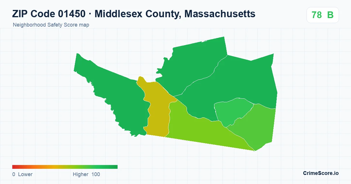 ZIP Code 01450 in Middlesex County, Massachusetts neighborhood Safety Score map