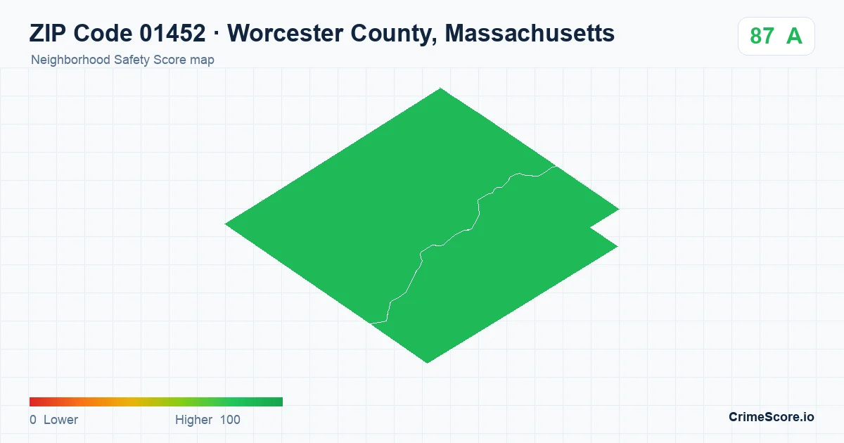 ZIP Code 01452 in Worcester County, Massachusetts neighborhood Safety Score map