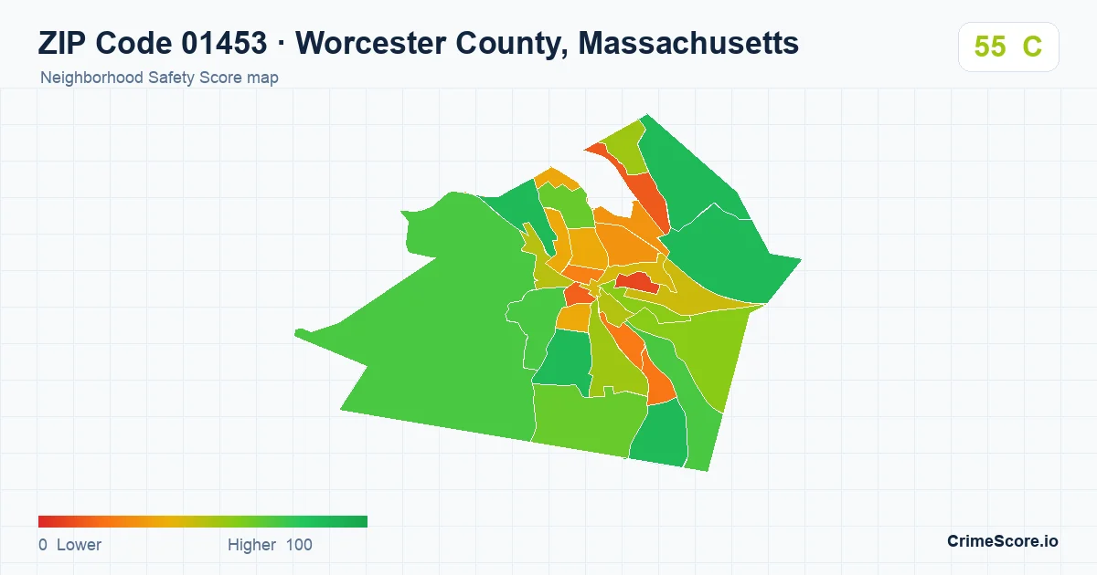 ZIP Code 01453 in Worcester County, Massachusetts neighborhood Safety Score map