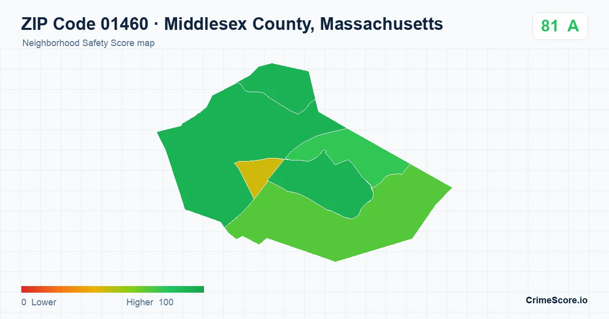 ZIP Code 01460 in Middlesex County, Massachusetts neighborhood Safety Score map