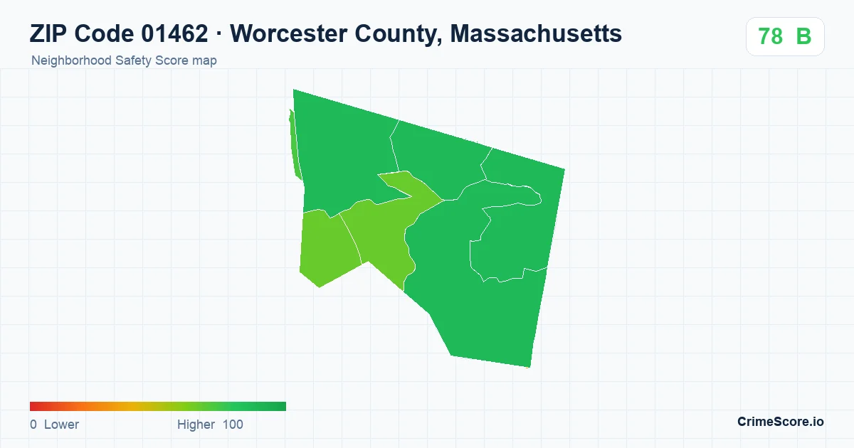 ZIP Code 01462 in Worcester County, Massachusetts neighborhood Safety Score map