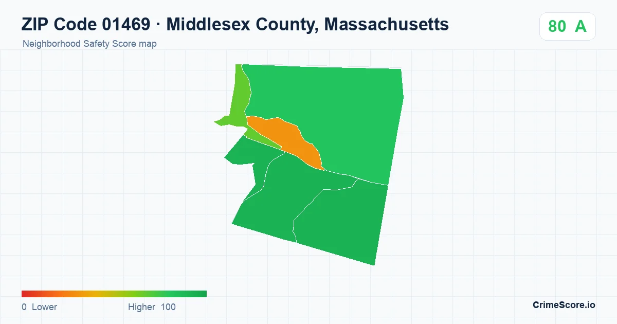 ZIP Code 01469 in Middlesex County, Massachusetts neighborhood Safety Score map
