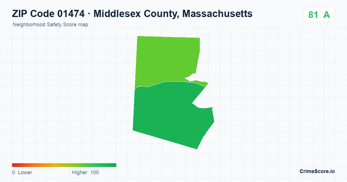 ZIP Code 01474 in Middlesex County, Massachusetts neighborhood Safety Score map