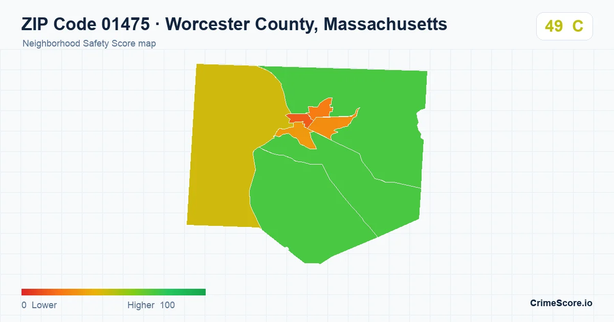 ZIP Code 01475 in Worcester County, Massachusetts neighborhood Safety Score map