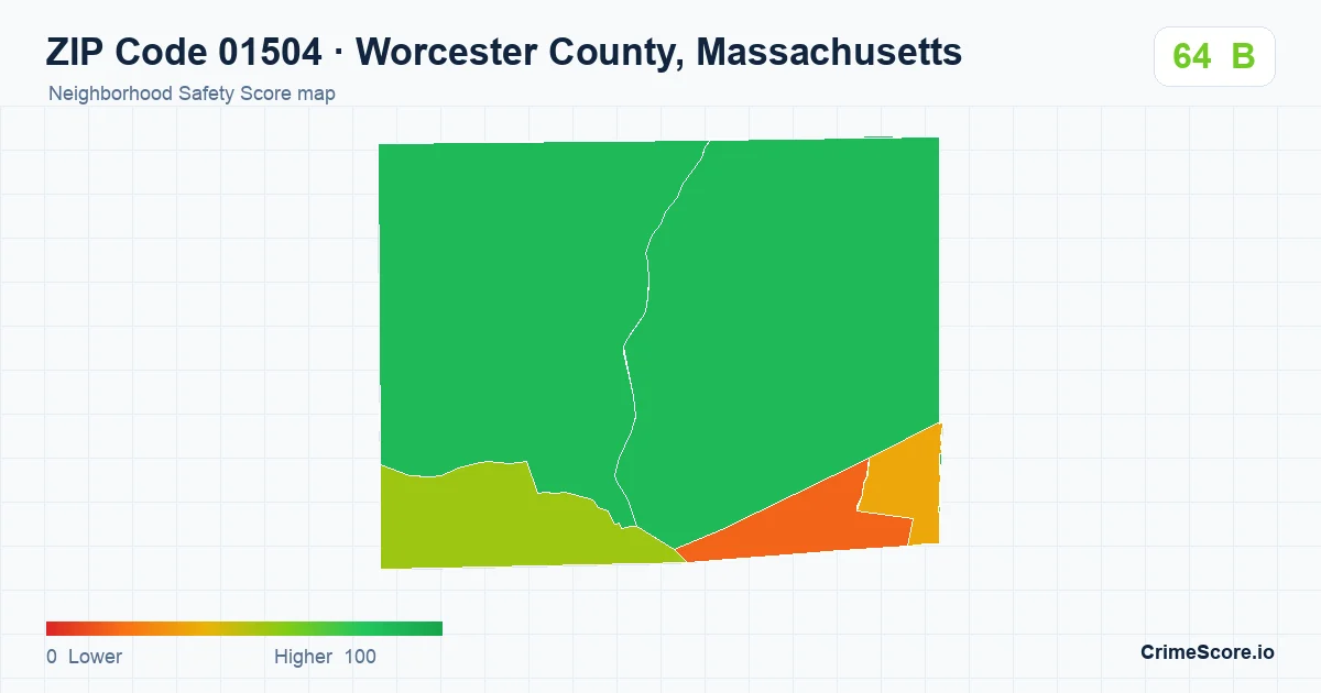 ZIP Code 01504 in Worcester County, Massachusetts neighborhood Safety Score map