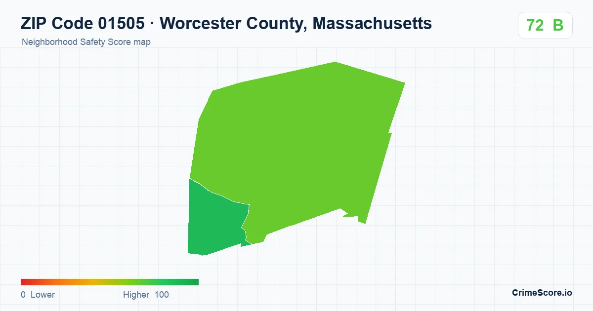 ZIP Code 01505 in Worcester County, Massachusetts neighborhood Safety Score map