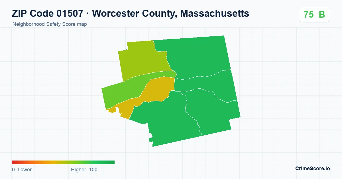 ZIP Code 01507 in Worcester County, Massachusetts neighborhood Safety Score map