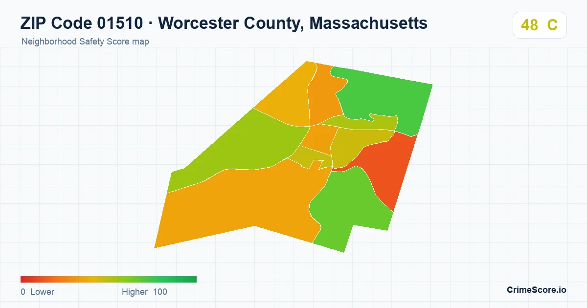 ZIP Code 01510 in Worcester County, Massachusetts neighborhood Safety Score map