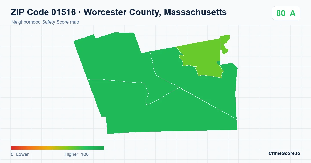 ZIP Code 01516 in Worcester County, Massachusetts neighborhood Safety Score map