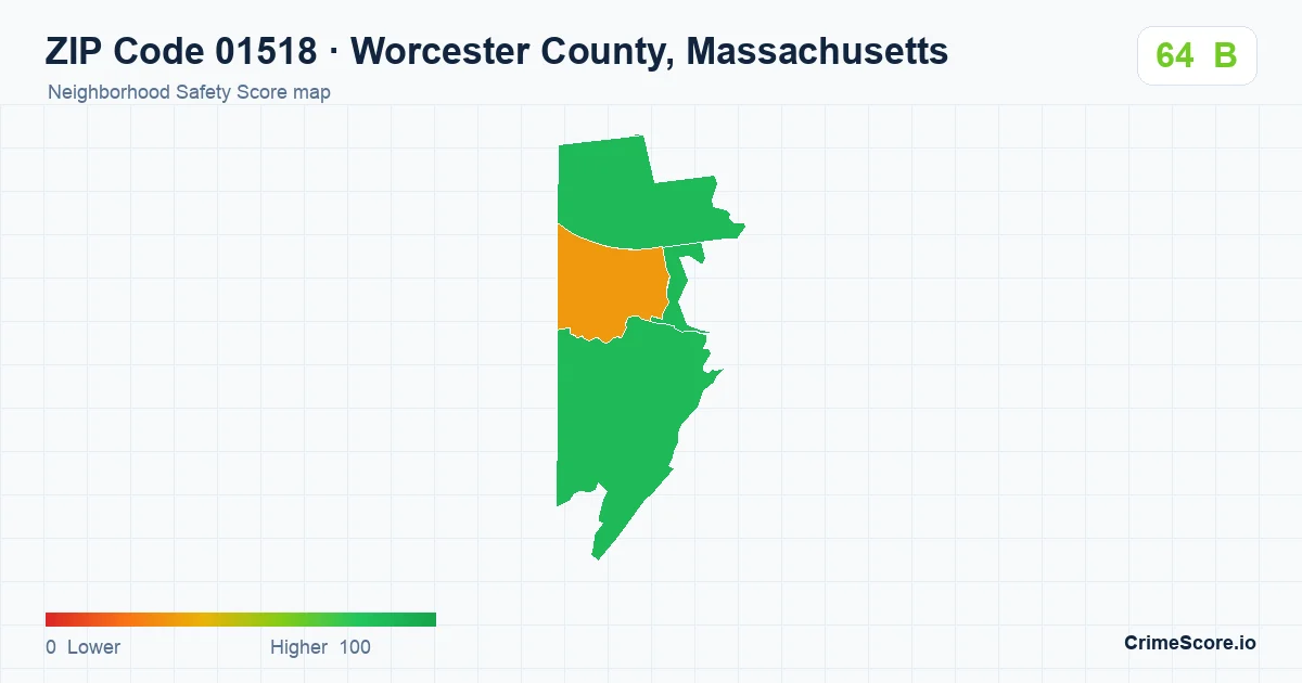 ZIP Code 01518 in Worcester County, Massachusetts neighborhood Safety Score map