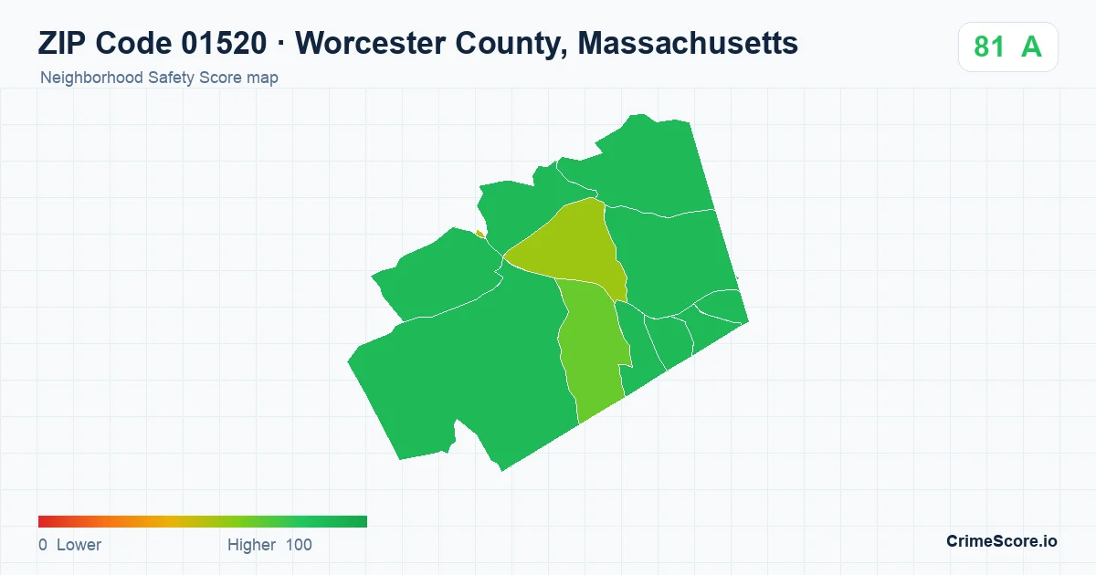 ZIP Code 01520 in Worcester County, Massachusetts neighborhood Safety Score map