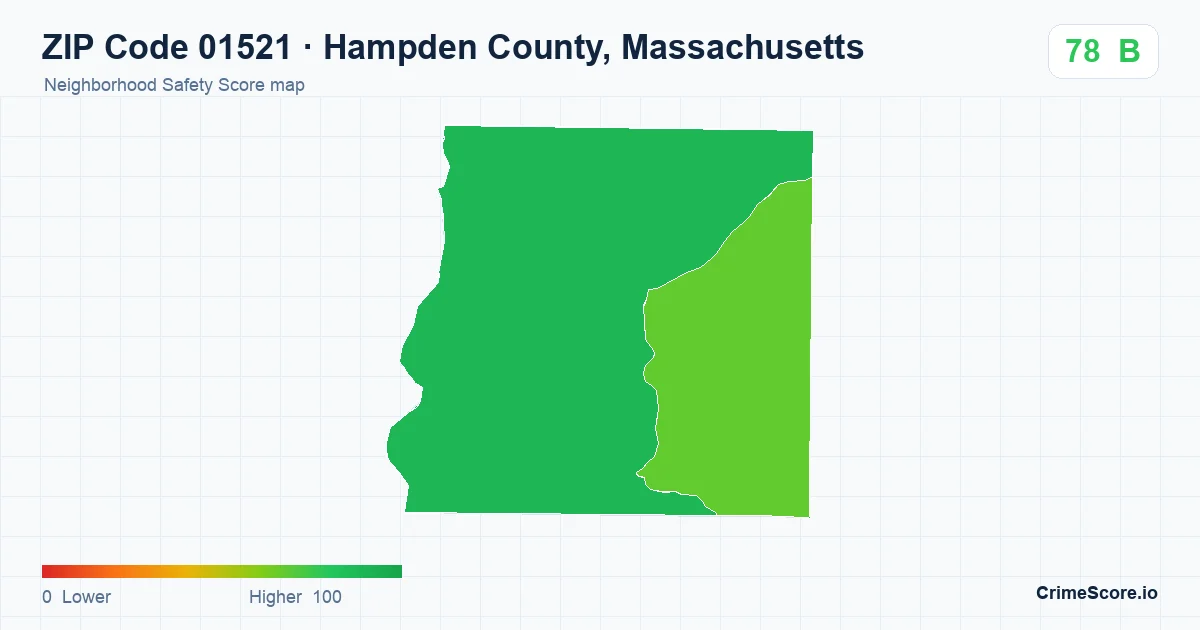 ZIP Code 01521 in Hampden County, Massachusetts neighborhood Safety Score map