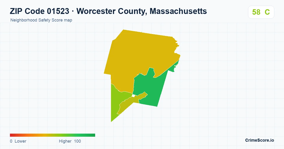 ZIP Code 01523 in Worcester County, Massachusetts neighborhood Safety Score map