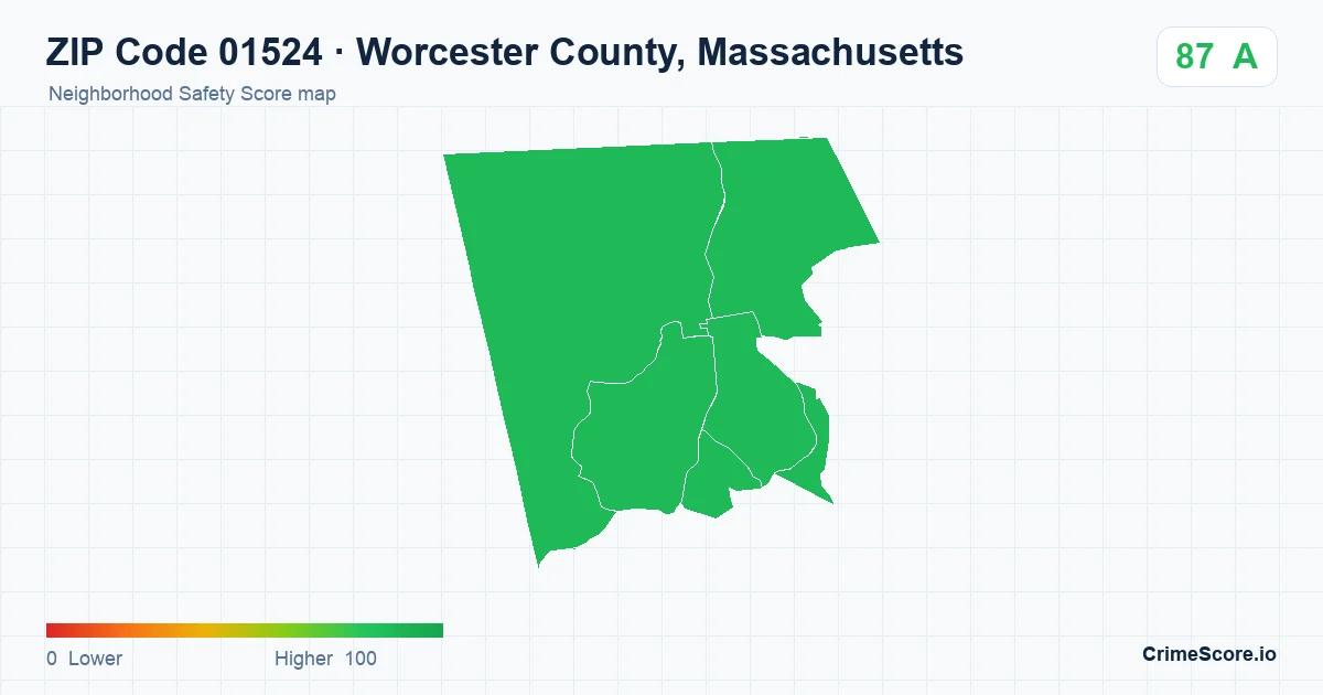 ZIP Code 01524 in Worcester County, Massachusetts neighborhood Safety Score map