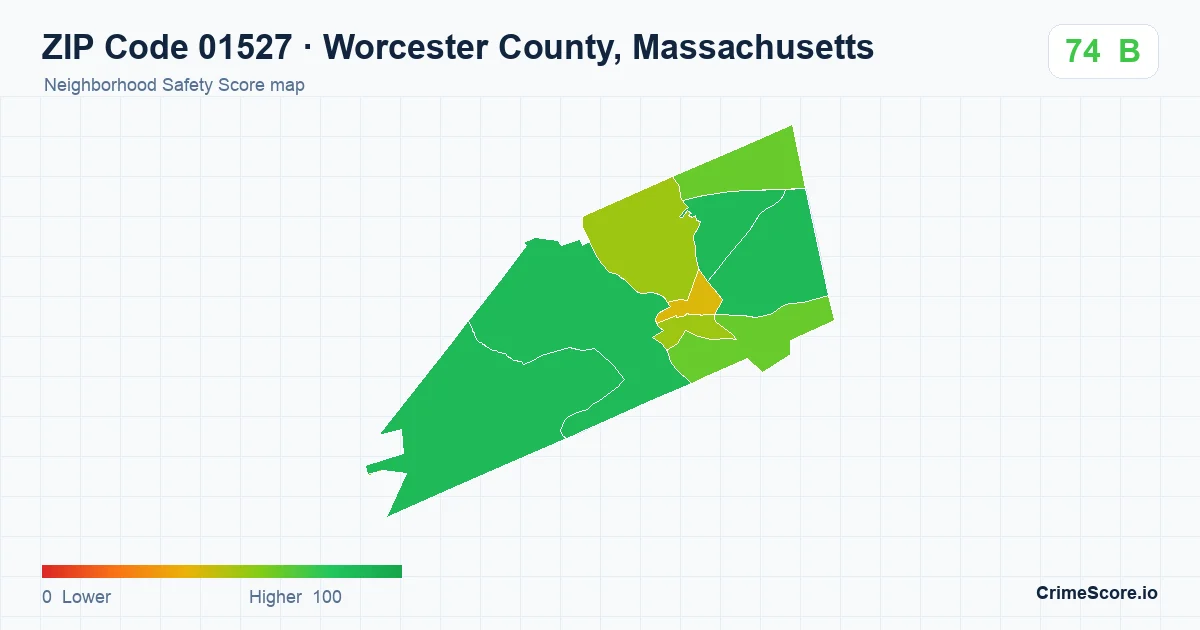 ZIP Code 01527 in Worcester County, Massachusetts neighborhood Safety Score map