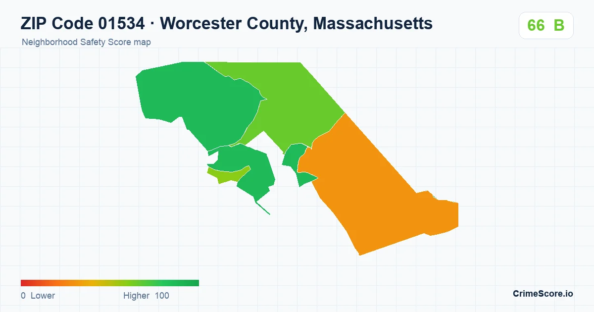 ZIP Code 01534 in Worcester County, Massachusetts neighborhood Safety Score map