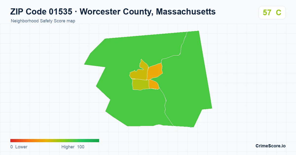 ZIP Code 01535 in Worcester County, Massachusetts neighborhood Safety Score map