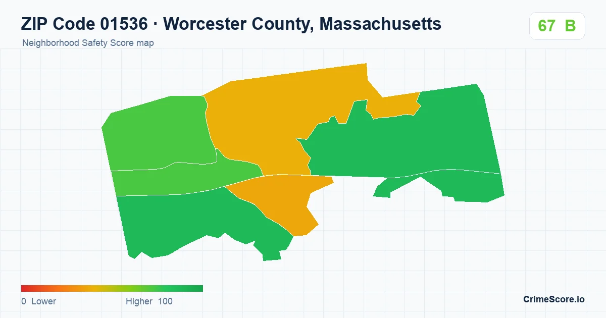 ZIP Code 01536 in Worcester County, Massachusetts neighborhood Safety Score map