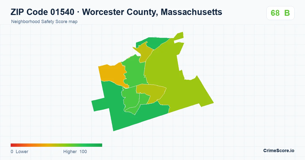 ZIP Code 01540 in Worcester County, Massachusetts neighborhood Safety Score map