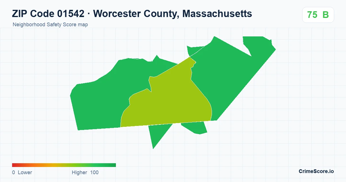 ZIP Code 01542 in Worcester County, Massachusetts neighborhood Safety Score map