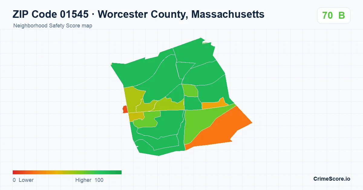 ZIP Code 01545 in Worcester County, Massachusetts neighborhood Safety Score map