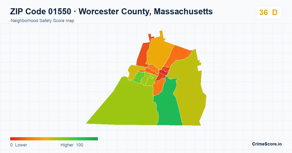 ZIP Code 01550 in Worcester County, Massachusetts neighborhood Safety Score map