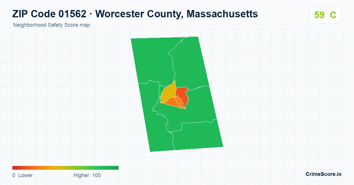 ZIP Code 01562 in Worcester County, Massachusetts neighborhood Safety Score map