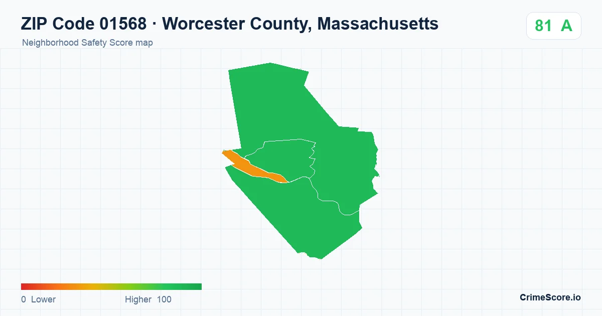 ZIP Code 01568 in Worcester County, Massachusetts neighborhood Safety Score map