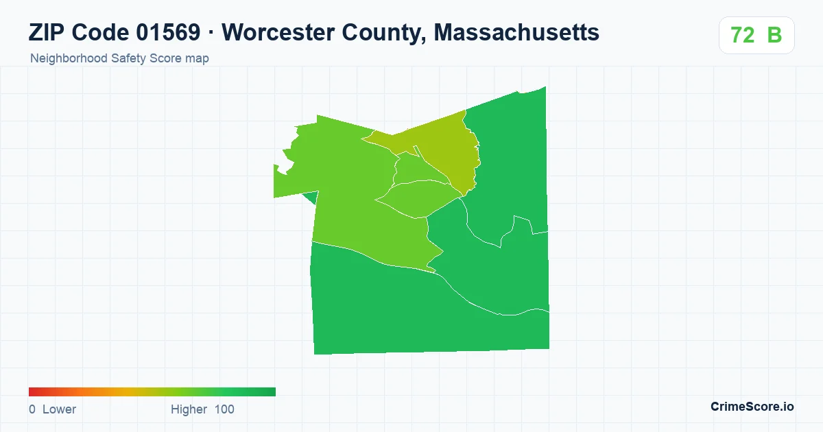 ZIP Code 01569 in Worcester County, Massachusetts neighborhood Safety Score map